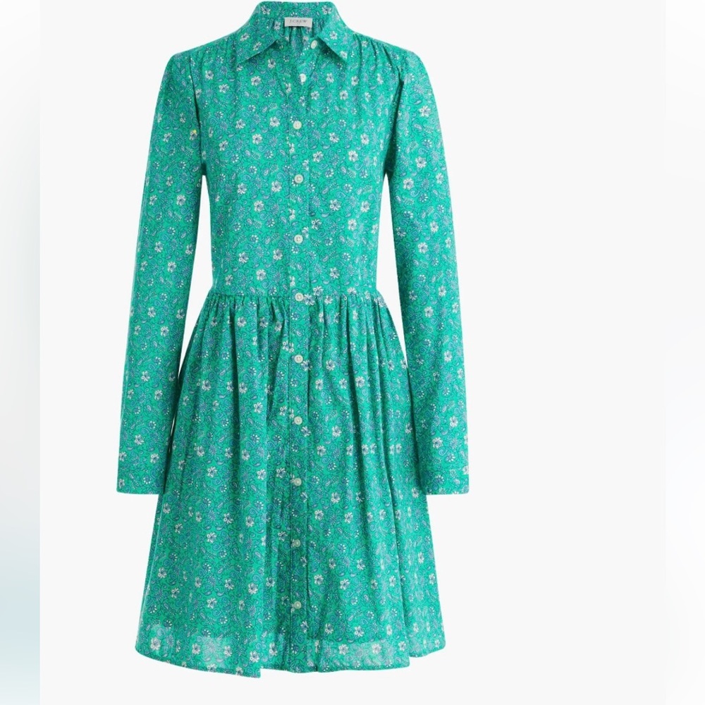 J. Crew Printed cotton mini shirtdress green blue floral paisley size 16 BF854